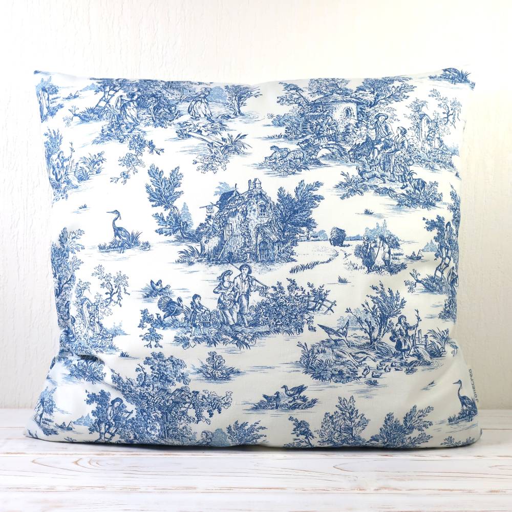 Kissenbezug Toile de Jouy blau 40x40 cm – Französischer Vintage Landhausstil Kissenhülle