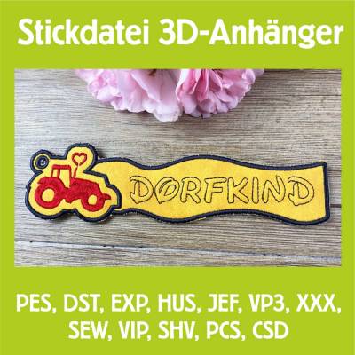 Stickdatei 3D-Anhänger DORFKIND, Maschinenstickerei, Stickmuster mit Trapunto-Effekt, 3D-Stick, Lesezeichen