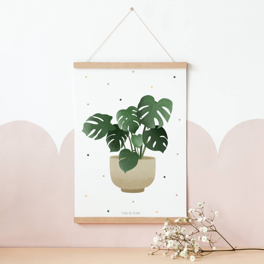 Poster Monstera im Topf Zimmerpflanze Boho Pflanze Botanischer Print -  Wanddeko Monstera Plant - Illustration Bltter