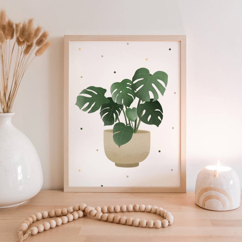 Poster Monstera im Topf Zimmerpflanze Boho Pflanze Botanischer Print -  Wanddeko Monstera Plant - Illustration Bltter