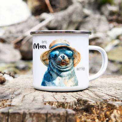 Emaille Tasse 'Ans Meer bitte!' mit witzigem Motiv - Metalltasse, 300 ml
