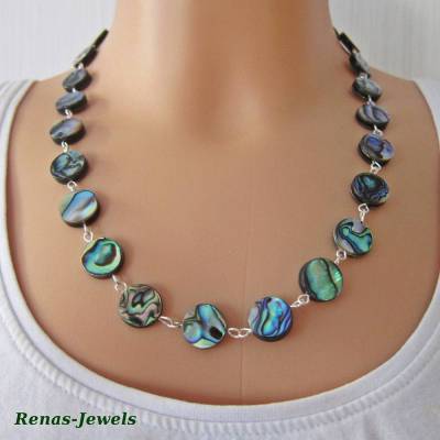 Handgefertigte Abalone Paua Perlmuttkette – Regenbogenfarben, runde Muschelperlen, 12 mm, 50,5 cm
