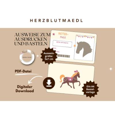 Pferde Party Mitgebsel Reiterpass: Bastelbogen für den Kindergeburtstag am Reiterhof A4 PDF-Datei zum ausdrucken