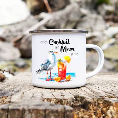 Emaille Tasse 'Cocktail am Meer' mit witzigem Motiv - Metalltasse, 300 ml