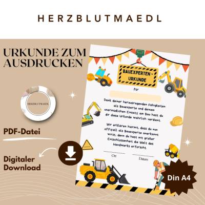 Personalisierte Bauarbeiter Zertifikate – Bauexperte Kindergeburtstag & Baustellenparty