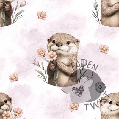 Stoff Meterware - Otter, Blumen, Sommer, Frühling, Süß - Exklusive Eigenproduktion