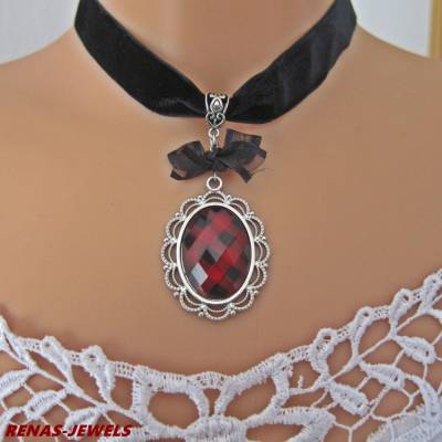 Choker Kette Samt Halsband mit Schmuckstein Anhänger Rot Schwarz Silberfarbig Damen Gothic Kropfband