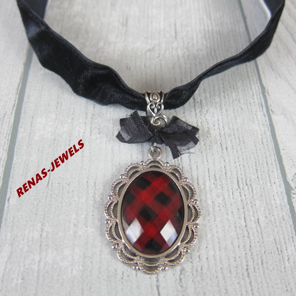 Choker Kette Samt Halsband mit Schmuckstein Anhnger Rot Schwarz  Silberfarbig Damen Gothic Kropfband