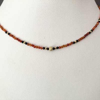 Achatkette orange 39 cm lang, Edelsteinkette schwarz, orange, Si925 vergoldet, Geschenk Frau Mann, Handarbeit