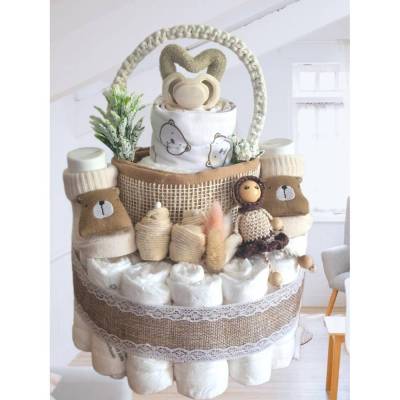 Windeltorte Boho Stil neutral – Geschenk zur Geburt für Mädchen & Jungen mit Lätzchen, Bärensöckchen & Schlüsselanhänger