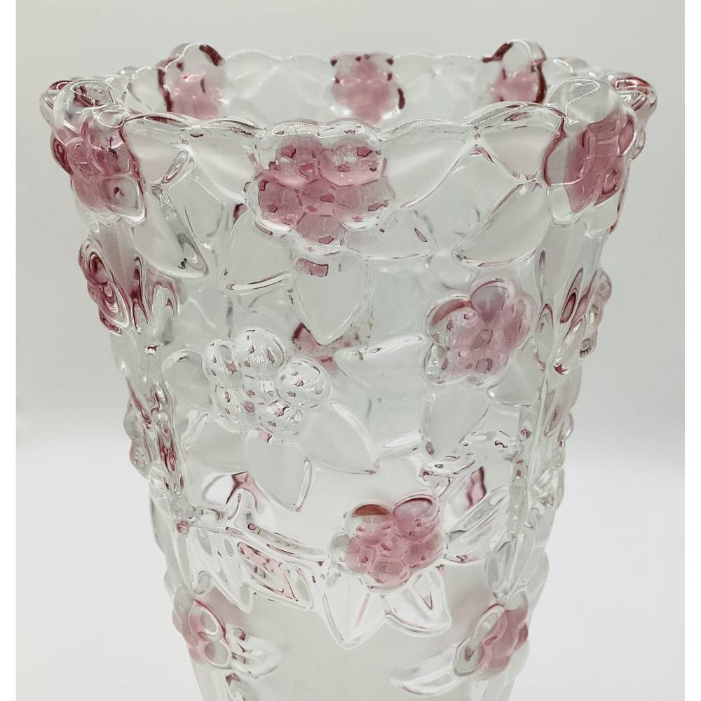 Vase Walther Glas Mikasa Rosella rosa – Vintage Glasvase 1980, Blüten & Blätter, satiniert, 24,5 cm