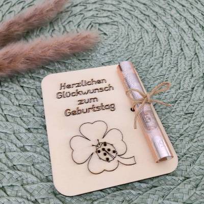 Geldgeschenkkarten aus Holz / Geburtstag / Glückwünsche / Wunscherfüller / Gutschein