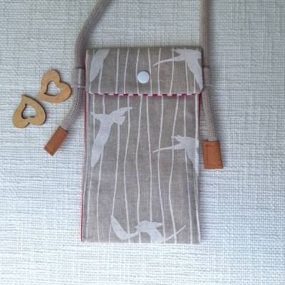 Handytasche zum Umhängen  Crossbodytasche naturfarben mit Vögel