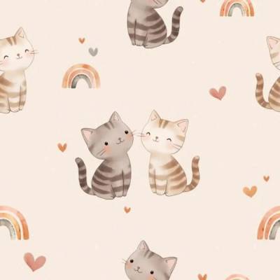 Stoff, Meterware - Katzen, Regenbogen, Kitty, Herzen, Magic, Zauber