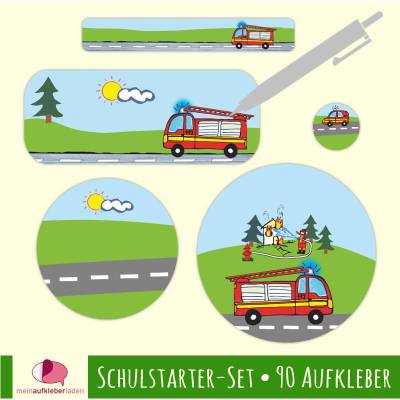 Schulstarter-Set | Feuerwehr - 90 teilig, Namensaufkleber - blanko zum Selbstbeschriften