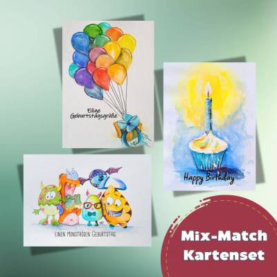 Fröhliches Geburtstagskarten-Set – Monster, Cupcake & Geschenk – 3er/4er-Set Kraftpapier