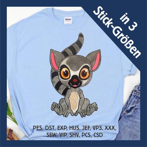 Stickdatei Applikation Lemur Julien in 3 Größen, Maschinenstickerei, Stickmuster mit Tiermotiv