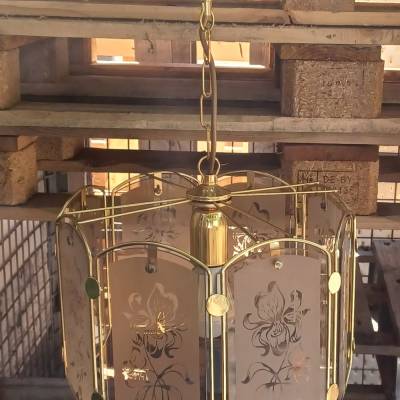 Achteckige Deckenlampe 70er Jahre Glas Blumenmotiv Messing 31x31 cm Vintage