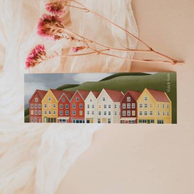 Lesezeichen Norwegen Häuser in Bergen - Bücherwurm Geschenk Reise Häuserfront Skandinavien - Geschenk für Norwegenfans 