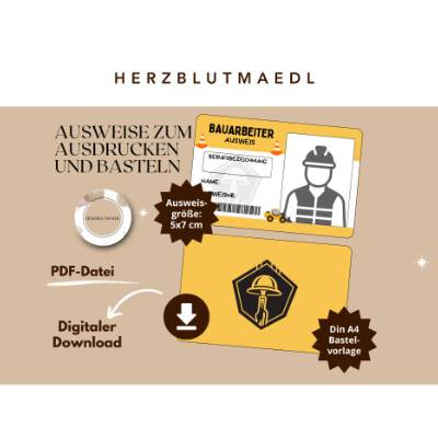 Kinderausweis Bauarbeiter für Baustellenparty - Tolles Accessoire für kleine Bauarbeiter 