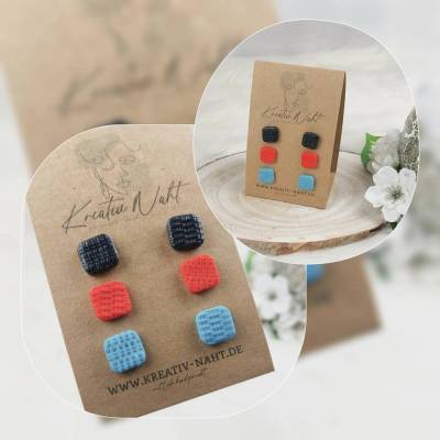 Ohrstecker „Quadrat“ 3er-Set (aus hypoallergenem Edelstahl, Nickelfrei) Blau /Schwarz / Rost