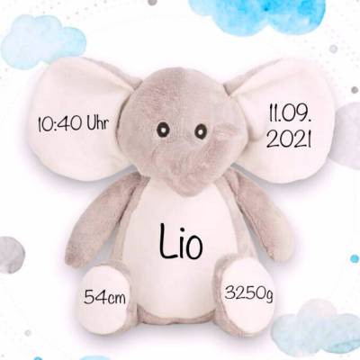 Kuscheltier Elefant Personalisiert mit Name und Geburtsdaten