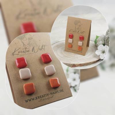 Ohrstecker „Quadrat“ 3er-Set (aus hypoallergenem Edelstahl, Nickelfrei) Rot / Beige / Rost