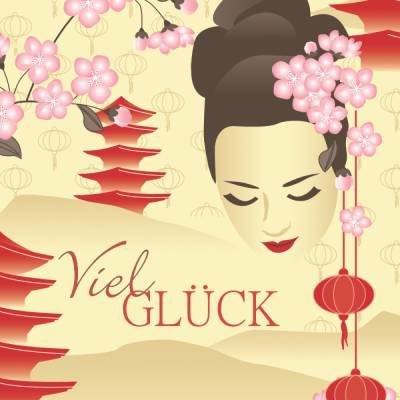 Postkarte Viel Glück, 10 Postkarten im japanischen Stil mit Geisha, Kirschblütenzweigen, Tempel und Papierlampions