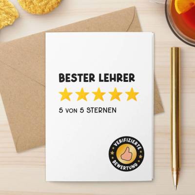 Karte für den Besten Lehrer | Lustiges Dankeschön zum Abschied | Klappkarte mit 5-Sterne-Bewertung