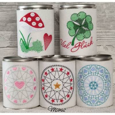 * Pilz mit Herz, Kleeblatt Viel Glück , Mandala, -mit Herz oder -Sterne *  10 x 10,  5 Stickmotive 