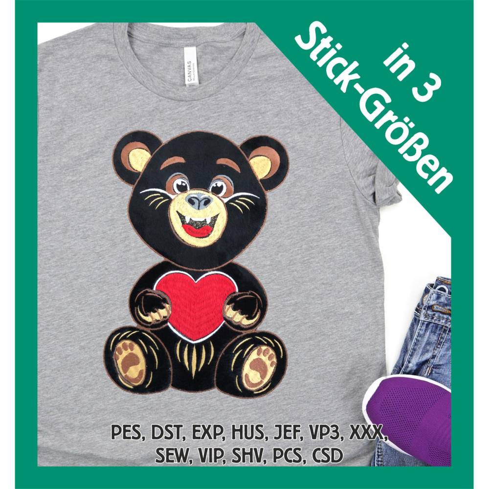 Stickdatei Applikation Bär Fred in 3 Größen, Maschinenstickerei, Stickmuster mit Tiermotiv Bild 1