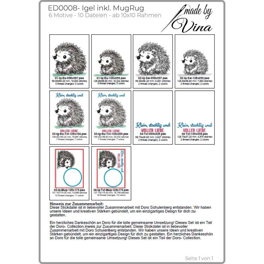 Stickdateien Set Igel im Scribble Stil inkl. ITH – 6 Motive für 10x10 cm Rahmen Bild 3
