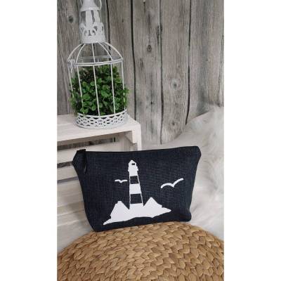 Kosmetiktasche M (Farbbeispiel navy), Aufdruck Leuchtturm, Polstercanvas in 36 Farben