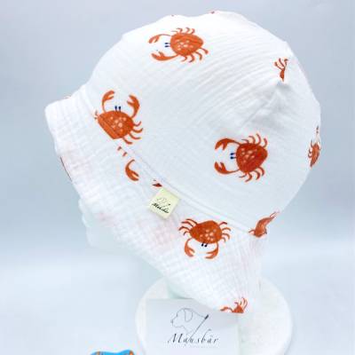 ​Sonnenhut Baby aus Musselin – KU 42–45 cm (6–9 Monate) – Sommermütze mit Nackenschutz – handgemacht