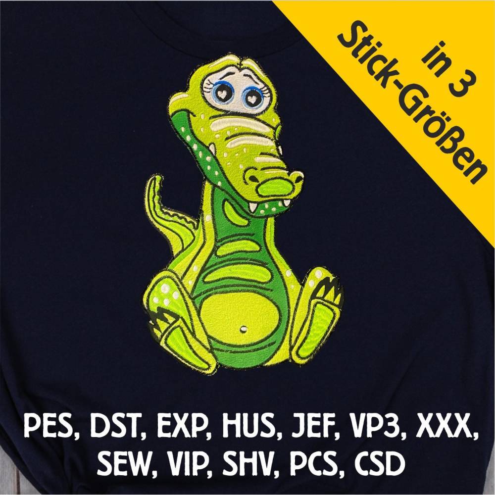 Stickdatei Applikation Kroko Krokolino in 3 Größen, Maschinenstickerei, Stickmuster mit Tiermotiv Bild 1