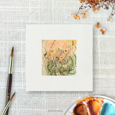 BLUMENWIESE Mini Aquarell, Wandbild Geschenkidee Kunstdruck auf Büttenpapier, Miniatur Sommerblumen im Landhausstil
