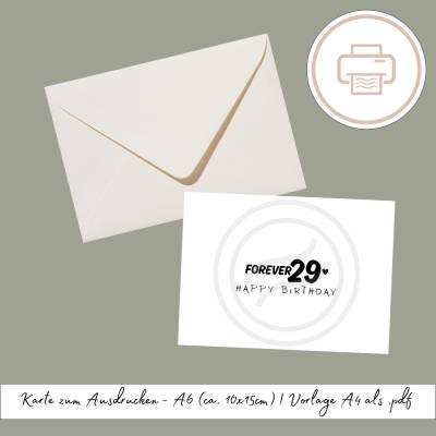 Forever 29 Geburtstagskarte zum Ausdrucken, druckbares Last Minute Geschenk | Druckvorlage, Karte Happy Birthday