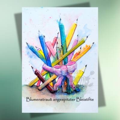Kreative Einschulungskarte: Blumenstrauß aus Bleistiften – Postkarte DIN A6 auf Kraftpapier