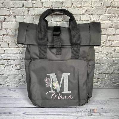 Rolltop Rucksack personalisiert I Tasche mit Initial und Wunschnamen bestickt I Geschenk Mama oder Freundin