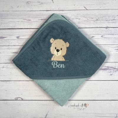 Kapuzenhandtuch in blau mit süßem Teddy und Namen bestickt I Geschenk zur Geburt Baby I Handtuch Kind personalisiert