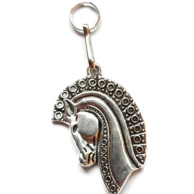 Pferdekopf Reißverschluss Zieher-Helfer Schlüsselanhänger Metall Altsilber 65mm