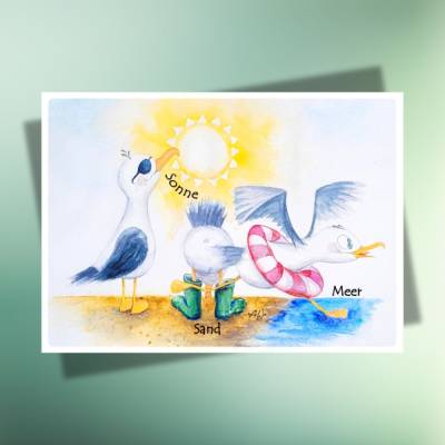 Sommerliche Postkarte mit Möwen – Sonne, Sand & Meer für Urlaubsfeeling
