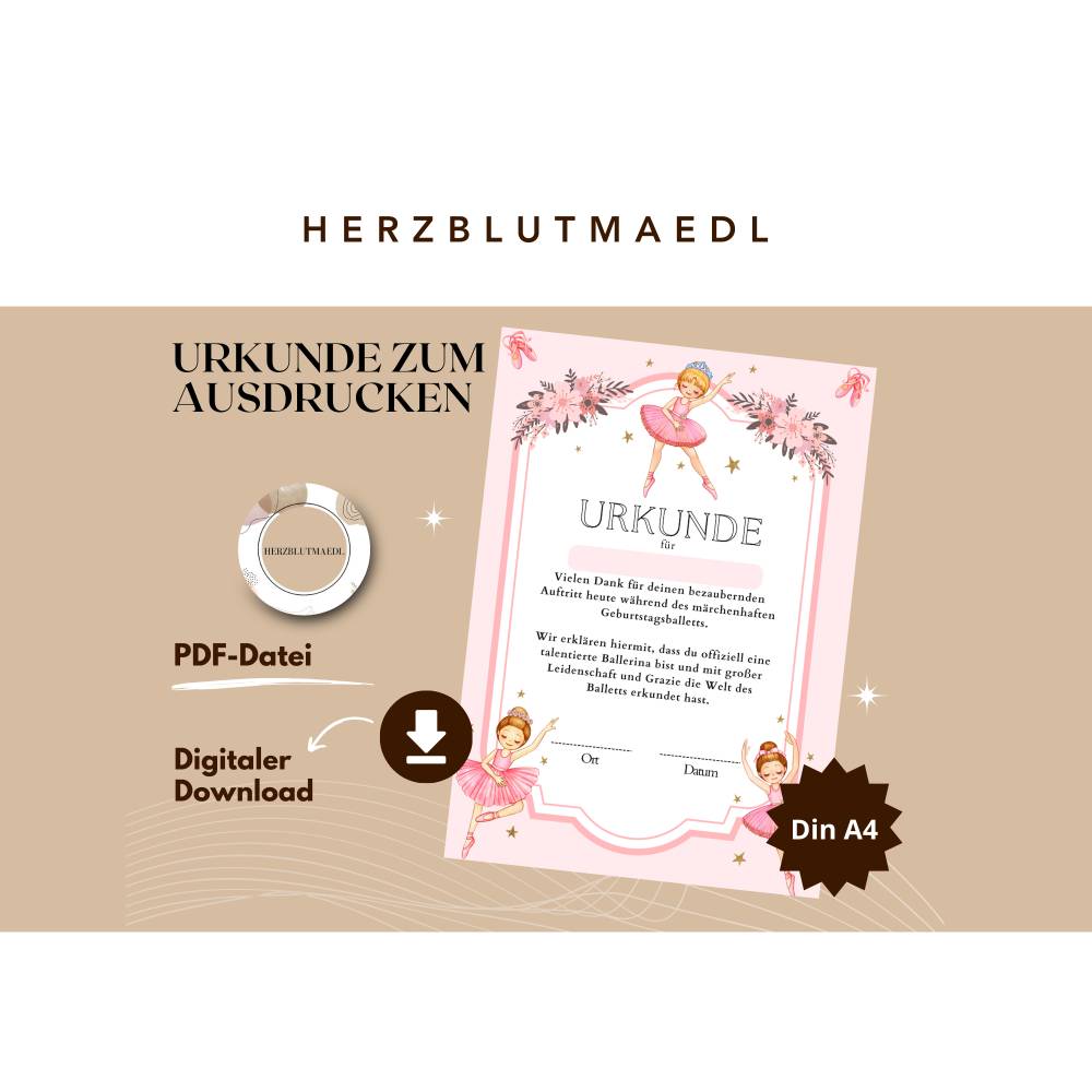 Ballett / Ballerina Kindergeburtstagsurkunde – Liebevolles Geschenk für kleine Tänzerinnen Bild 1
