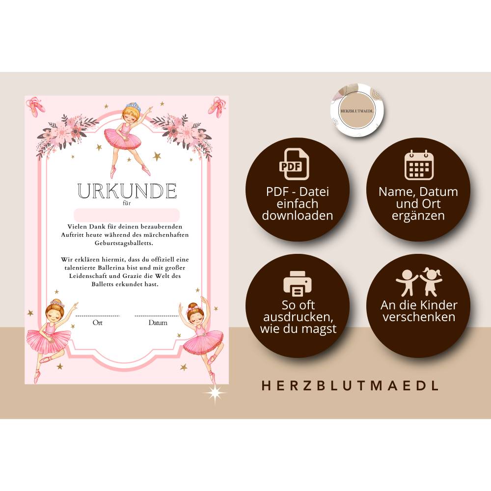 Ballett / Ballerina Kindergeburtstagsurkunde – Liebevolles Geschenk für kleine Tänzerinnen Bild 2