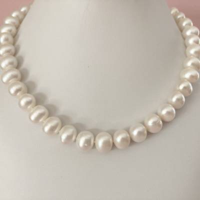 Perlenkette mit 585/14 ct. Goldverschluss – Weiße Zuchtperlen, 46 cm, Unikat, Geschenkidee