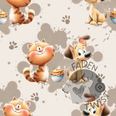 Stoff Meterware - Katze und Hund, Freunde, Tiere, Haustiere