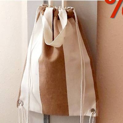 Rucksack Segeltuch Hipsterbag beige-braun – Canvas-Stoffbeutel & Shopper mit Kordelzug, Urlaubstasche, Wandertasche, Umhängebeutel