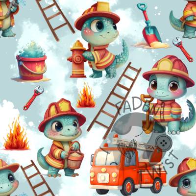 Stoff Meterware - Dino, Feuer, Feuerwehr, Feuerwehrauto