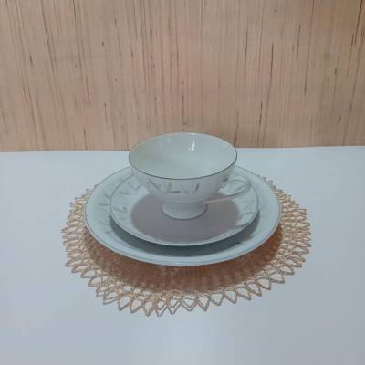 Vintage Sammeltasse Sammelgedeck mit feinem farbigem Gräser Muster und grauem Rand Hersteller KAHLA
