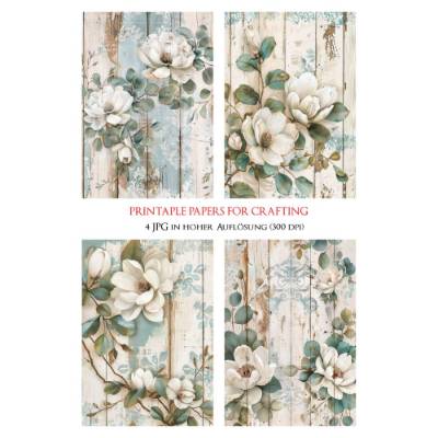 4 florale Vintage Grafiken zum Download - 4 JPG Dateien, 300 dpi - Magnolie - 600004